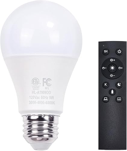 Bombillas LED de control remoto A19, 800LM 9W, equivalente a bombillas de 60 W, bombilla regulable con control remoto 3000K-6000K, base E26, CRI
