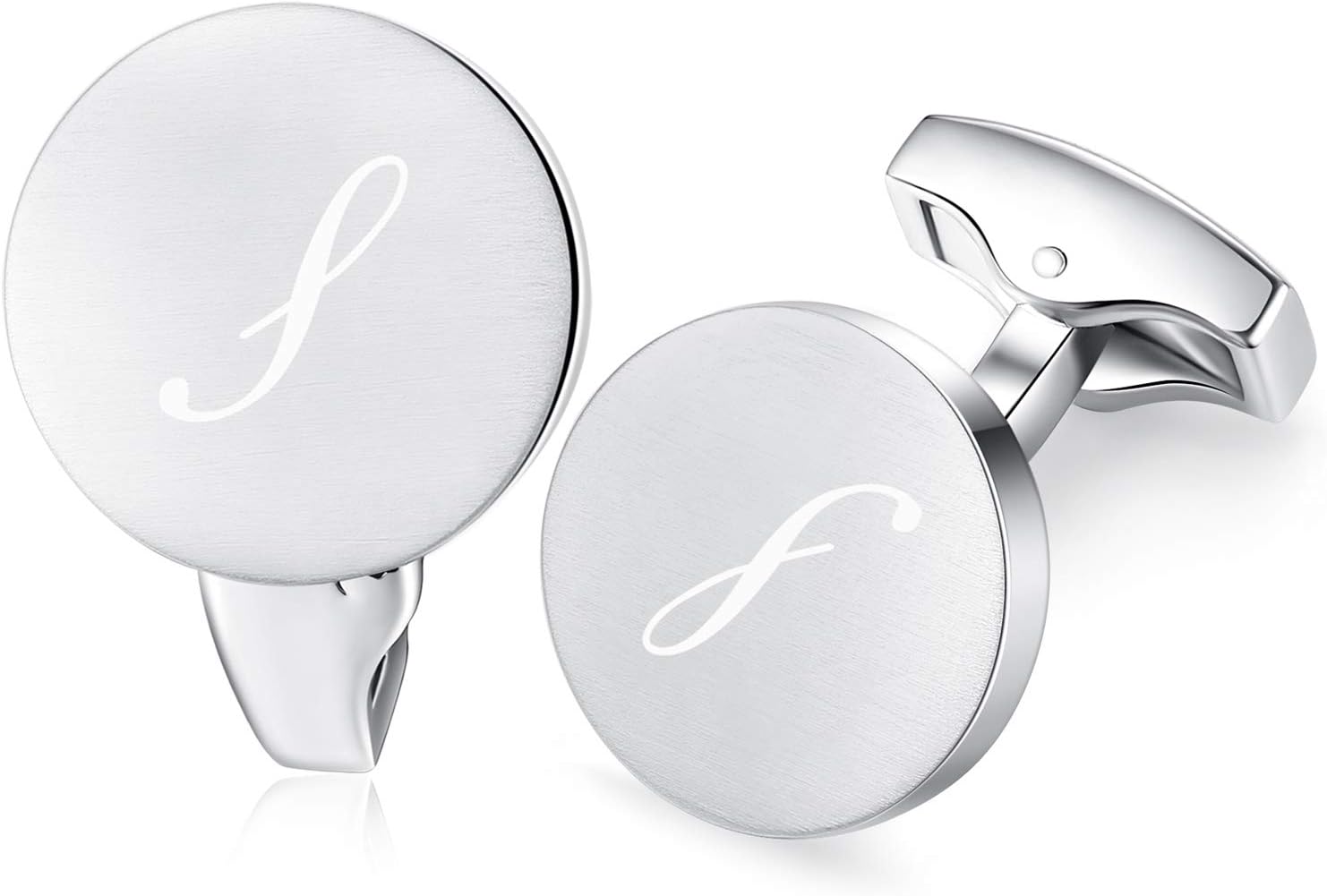 HONEY BEARInitial Alphabet Letter Cufflinks Round for Mens Wedding Business Gift,Stainless Steel Brushed Silver A-Z