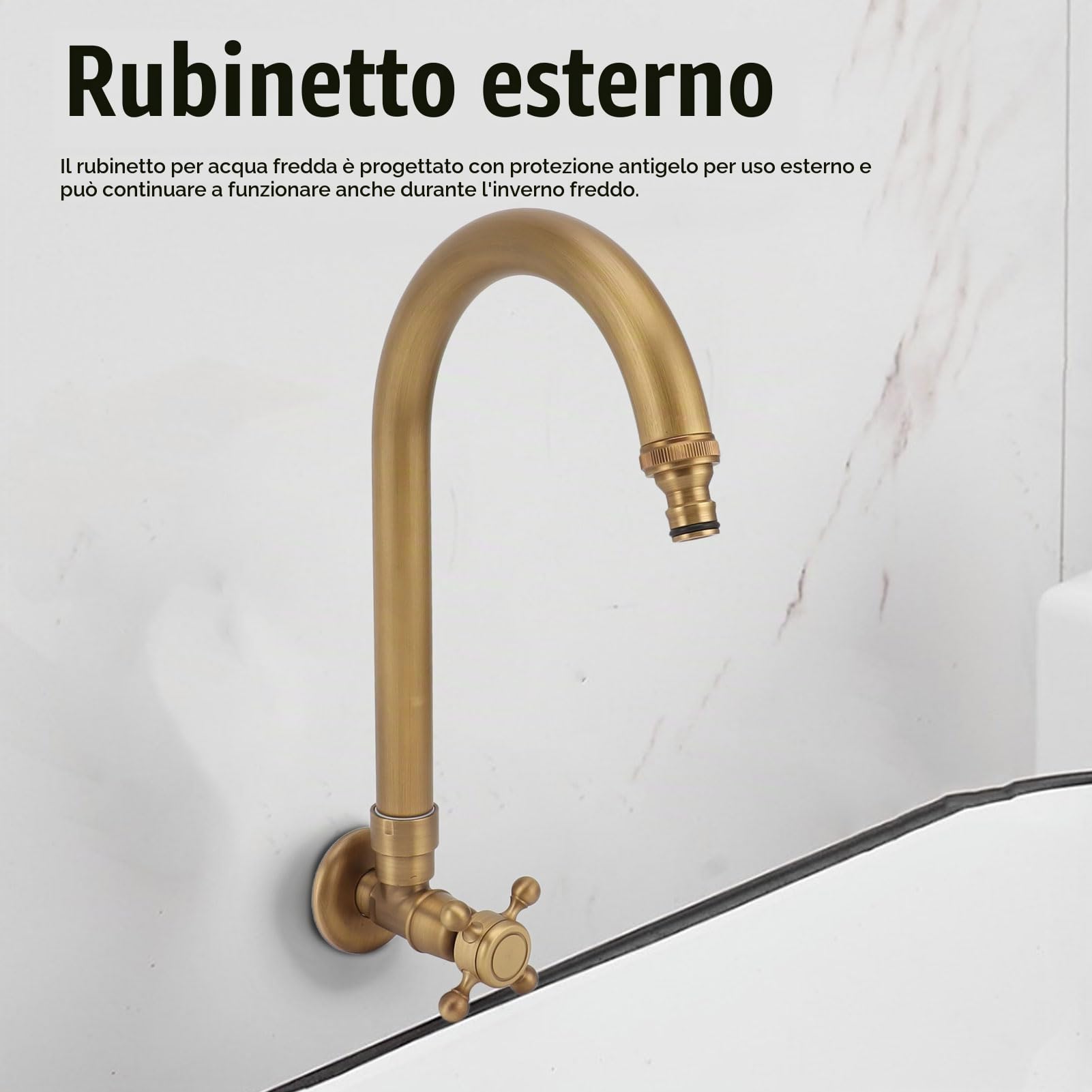 Fockety Rubinetto per Lavello da Cucina da Esterno, Rotazione a 360 Gradi Rubinetto Singolo da Giardino con Acqua Fredda, Antico nel Muro Prevenzione delle Crepe Antigelo Collo