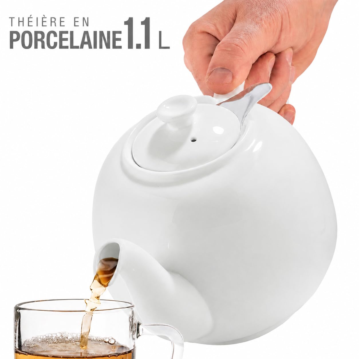 Urban Lifestyle Théière avec Filtre 1,1 Litre Théière en Fine Porcelaine de Haute Qualité avec Infuseur en Acier Inoxydable 800 ml Capacité Utile Anti Goutte Couvercle Stabilisé Blanche SWANSEA