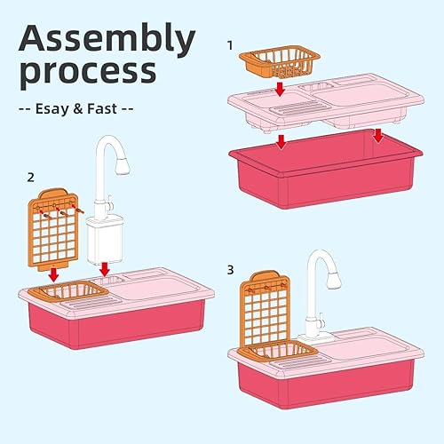 Vista 7 de BOBXIN Fregadero de juego con agua corriente, fregadero de juguete de cocina para niños pequeños, juego de roles eléctrico para lavavajillas, juego
