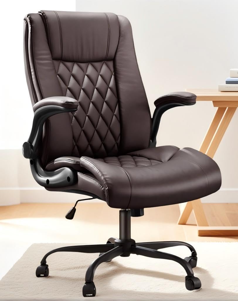 Marsail Executive Office Chair Ergonomic Desk Chair with Flip-up Armrests PU Leather Height-Adjustable Swivel Rolling Dark