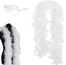 2 Pcs White Feather Boa, 2M 80g Thick Turkey Feather Boas, with Fashion Retro Eyeglasses, for Wedding Centerpieces, Carnival Dance Party for Women, Cosplay Accessory(White)