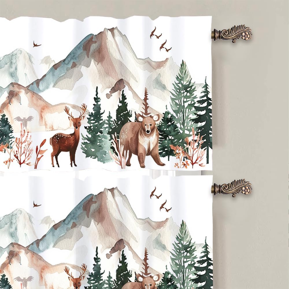 2 Panels Forest Bear Deer Curtain Valance for Windows, Vintage Nature Mountain Animal Rod Pocket Short Window Treatment Decor Drapes for Kitchen, Bathroom, 54" X 18"