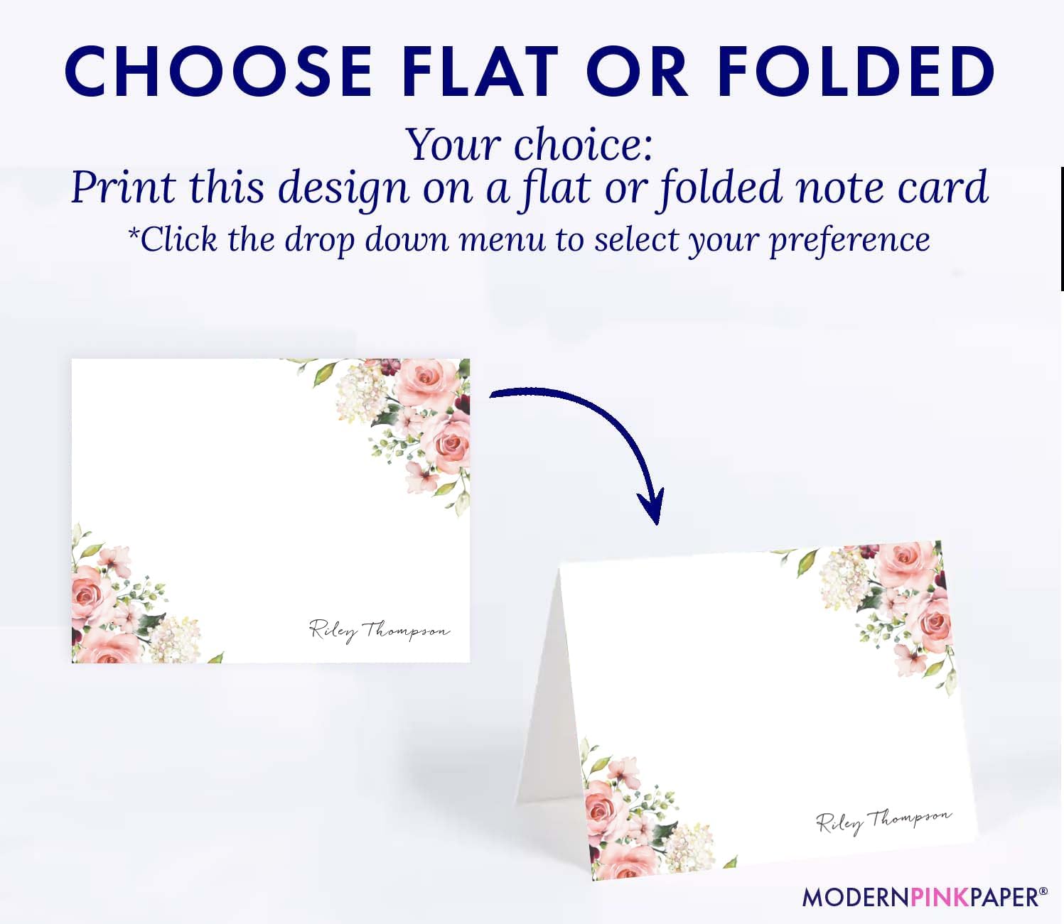 Personalized Romantic Stationery Set With Envelopes, FLAT OR FOLDED Pink Rose Note Cards For Studying, Floral Elegant Thank You Cards With Name, Botanical Notecards, Your Choice of Color and Quantity
