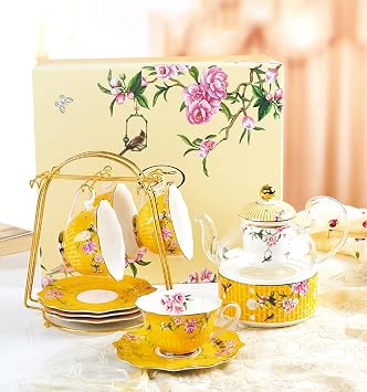 Pink Peony Flowers Pattern Ceramic Tea Cup with Saucer, Bone China Teacup for Afternoon Tea or Home Décor- Yellow (Cup and Saucer Set)
