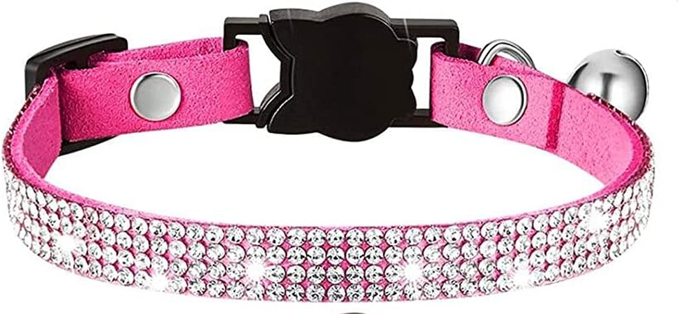 haoyueer Rhinestones Dog Cat Collars with Bell Bling Pet Puppy Collars with Soft Velvet Crystal Collars Girl Jeweled Necklace (Hot Pink)