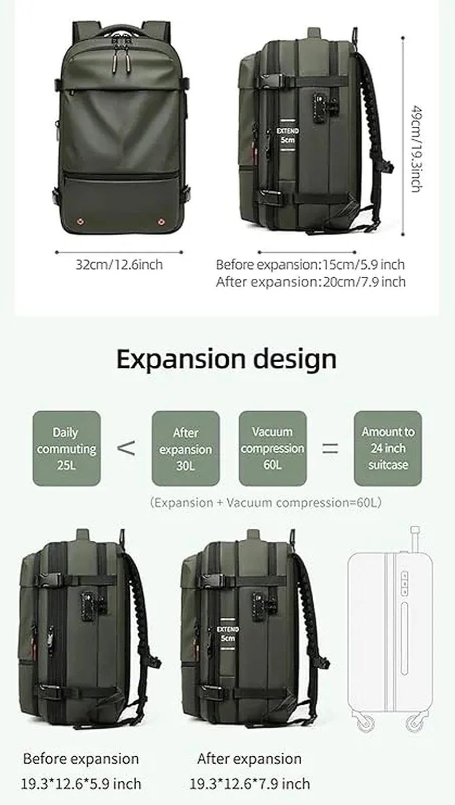 Mochila Viaje vacio 60L expandible con Bomba, Mochila de Viaje con vacio y compresión, Impermeable antirrobo Cabina avión con separación Seca y húmeda para Hombre Mujer(D,D)