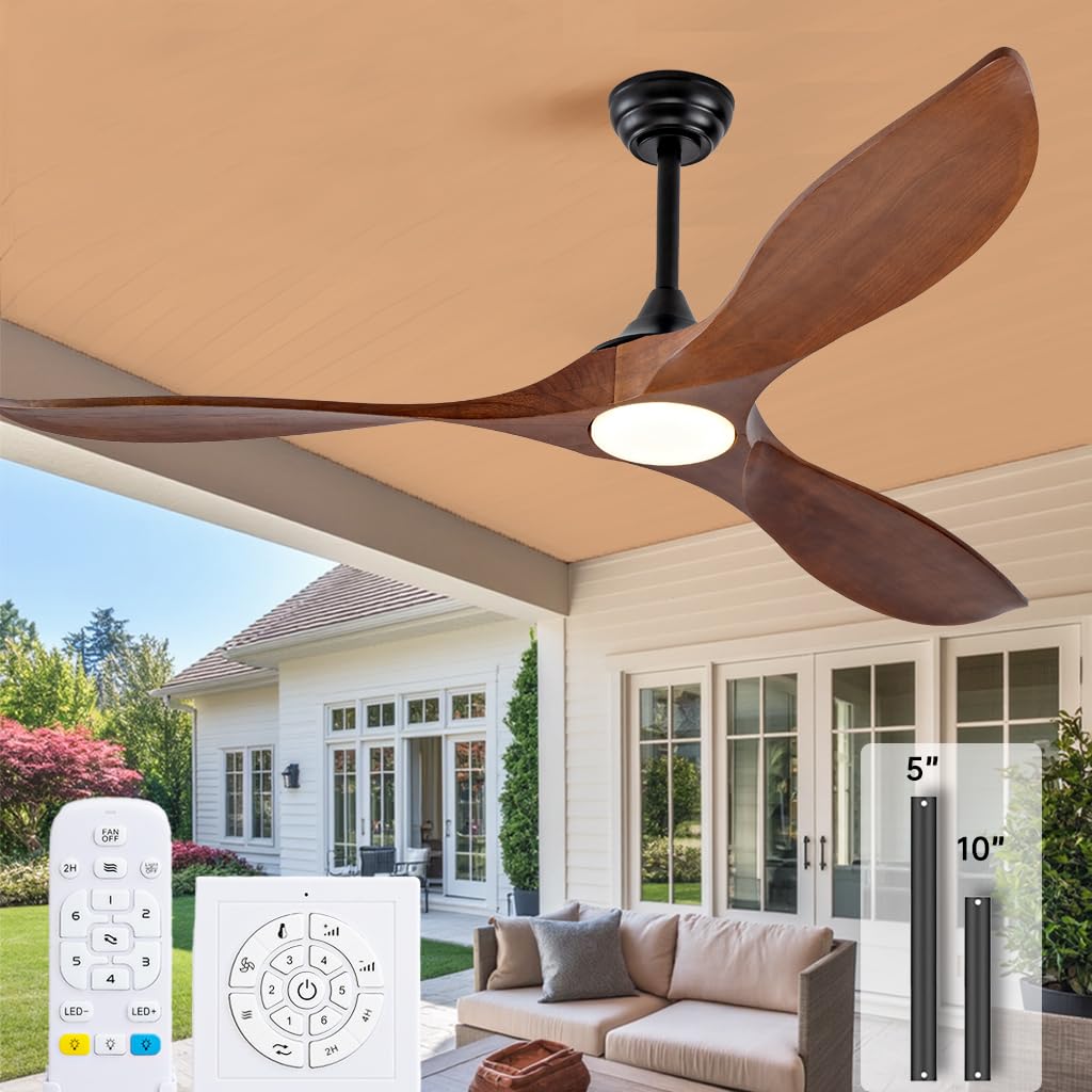 Ceversa 60 Inch Outdoor Ceiling Fans with Lights and Remote,3 Blade Modern Solid Wood Ceiling Fan with Wall Control Switch,Dimmable,Quiet Noiseless DC Motor for Patios,Farmhouse, Living Room,Bedroom