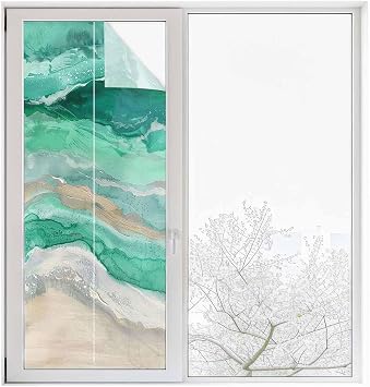 Green Sea Wave Privacy Film - Decorative Stained Glass, UV Protection Sun Blocker, Heat Control Window Glass Clings, Coastal Summer Ocean Ombre Abstract Non-Adhesive Window Covering 23.6"x59"