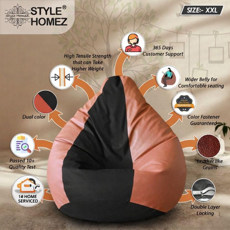 Style Homez Premium Leatherette Classic Bean Bag Size XXL Black Tan Color, Cover Only 1