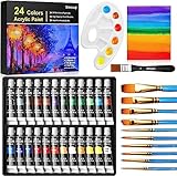 Acrylic Paint Set, Emooqi 24(12ml/0.4oz) Rich Pigment Colors, with 11 Art Brushes, Paint Palette & Painting Canvas - Quick Dry Paints for Hobby Painters & Kids, Canvas Wood Rock Ceramic Paint