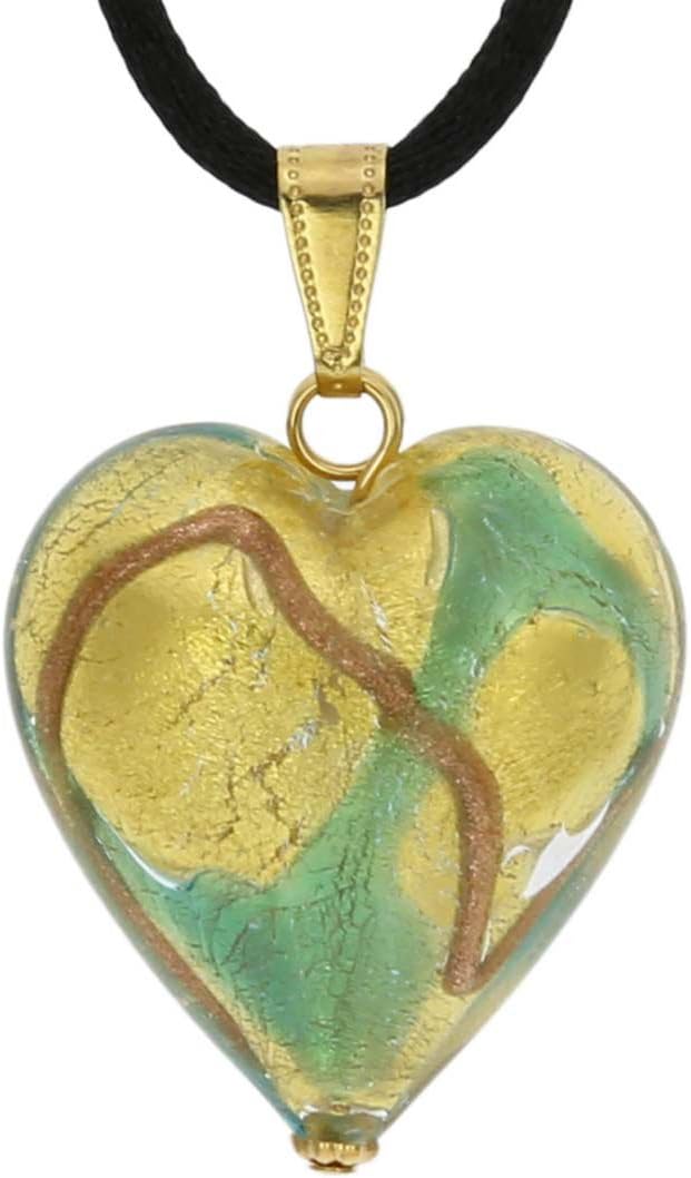 Glass Of Venice Murano Glass Heart Pendant - Aqua Waves Gold
