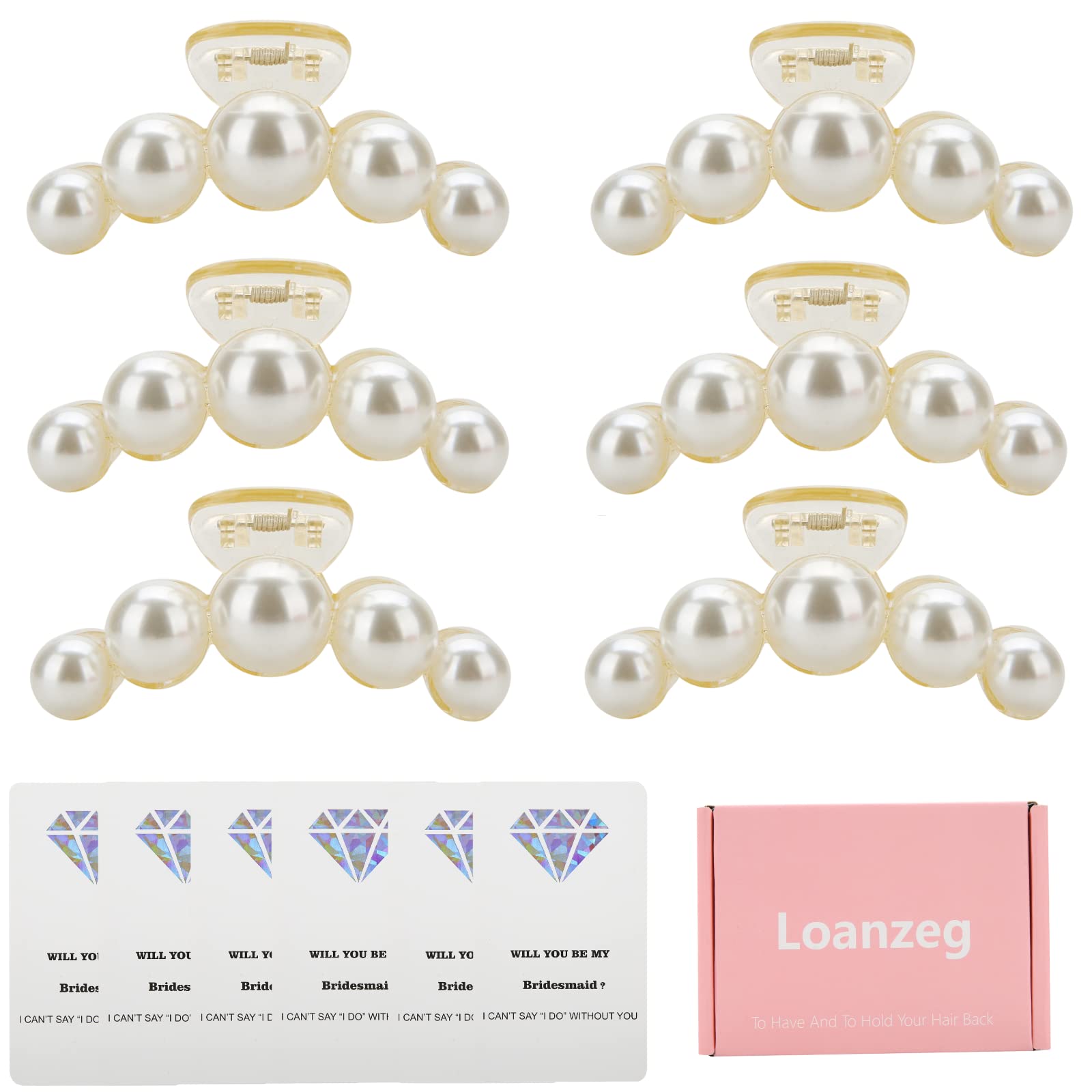 6pcs Bridesmaid Proposal Gifts 4.1 Inch Square Set of 6 Bachelorette Hair Claw Clips ideas Bridal Shower Gift for Wedding Party Favors (Bead Champagne)