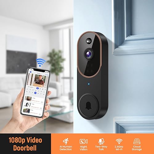 Miniatura 2 de Cámara de timbre de video inalámbrico de 1080p, detección humana AI, vista en vivo, visión nocturna, almacenamiento en la nube, WiFi 2.4G, funciona
