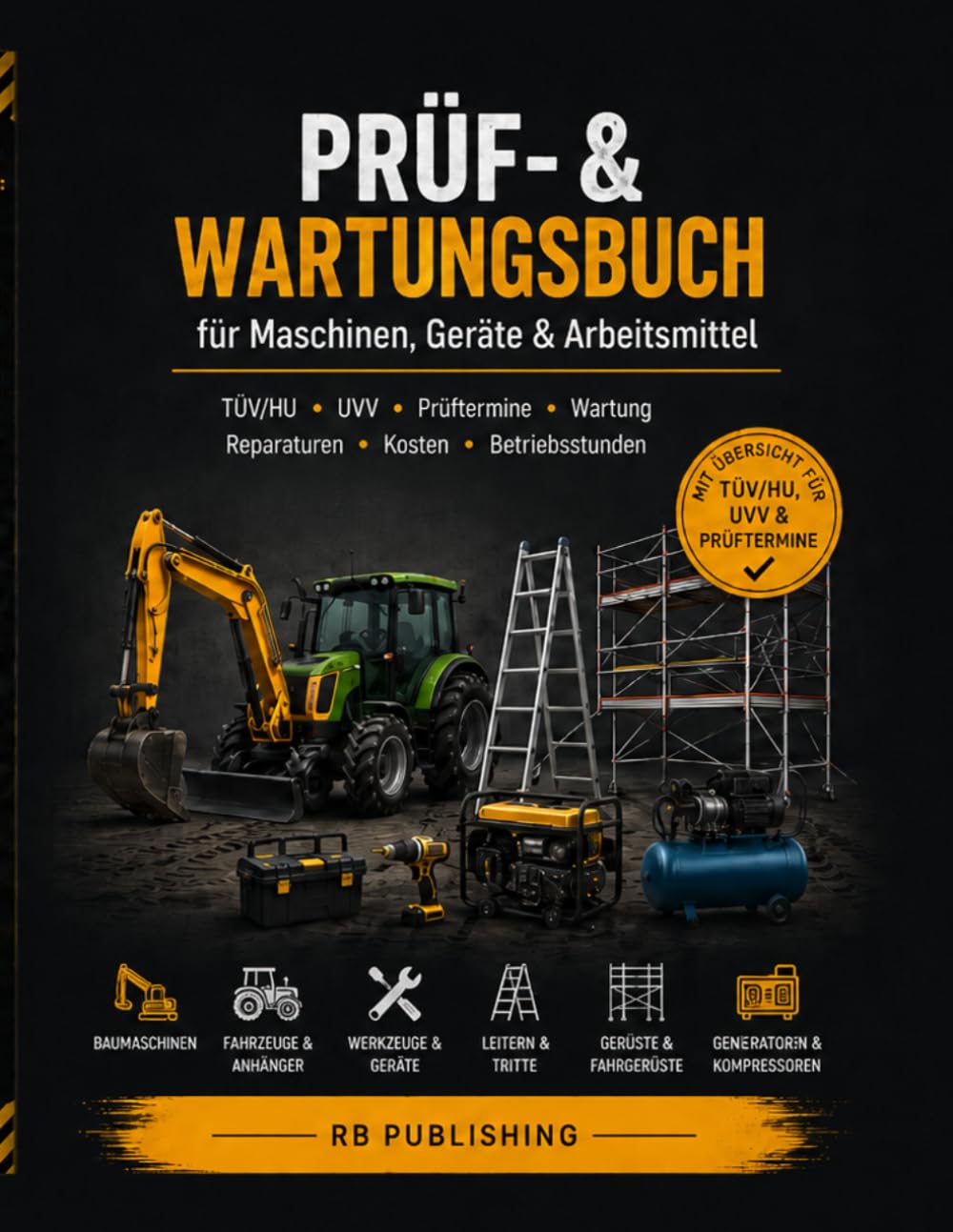 Prüf- & Wartungsbuch für Maschinen, Geräte & Arbeitsmittel: TÜV/HU, UVV, Prüftermine, Wartung, Reparaturen, Betriebsstunden, Kosten, Leitern, Gerüste & Werkzeuge dokumentieren