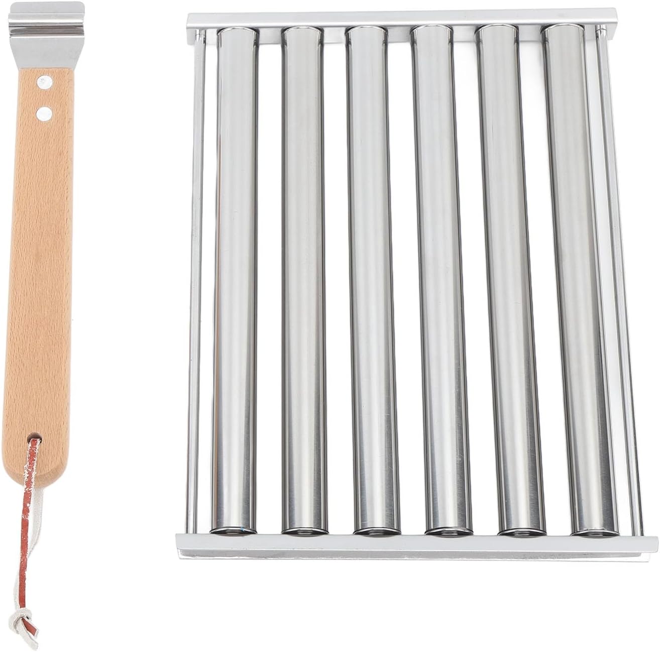 Detachable Stainless Steel Hot Dog Roller Rack, Sausage Roller for Grill, 6 - Stick Design with Extra Long Wood Handle and 4 Skewers for BBQ Camping Parties (L)