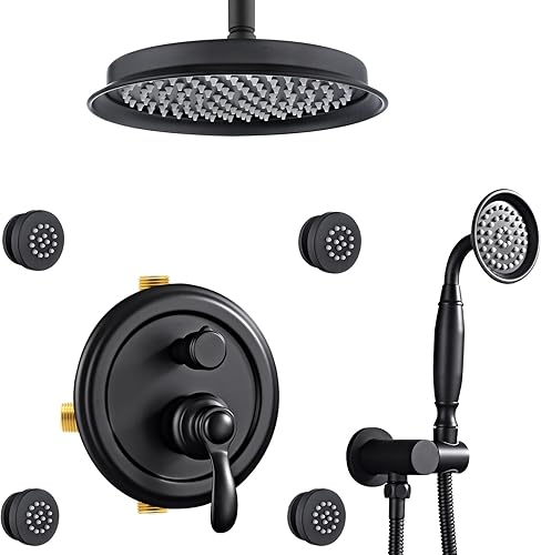 Miniatura 8 de Sistema de ducha antiguo de oro cepillado con chorros: Juegos de grifos de lluvia de 9 pulgadas Conjunto completo de cabezal de lluvia de pared