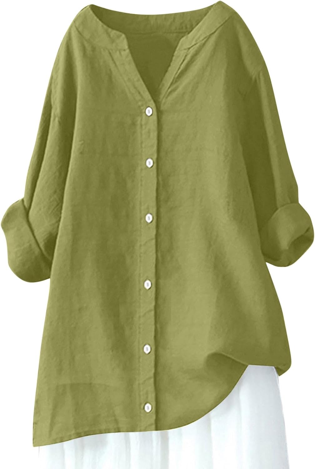 Womens Linen Shirts Casual Button Down Rolled Long Sleeve Tunic Blouses Lightweight Solid Color Oversized Gauze Tops