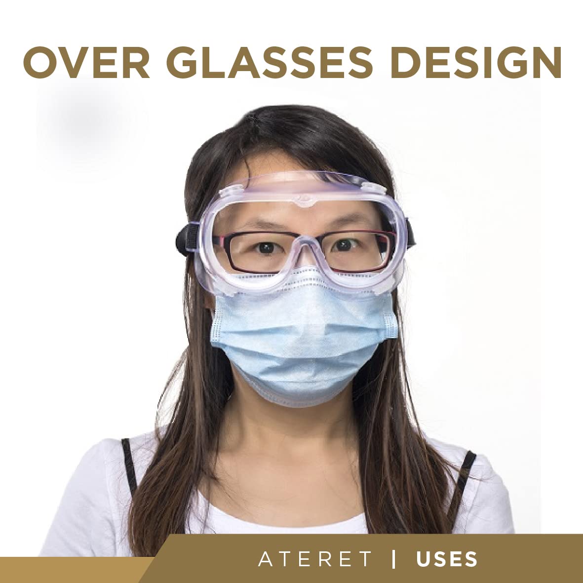 ATERET Gafas de protección antivaho para Googggles I con lentes transparentes ajustables y ligeras, con protección contra salpicaduras químicas