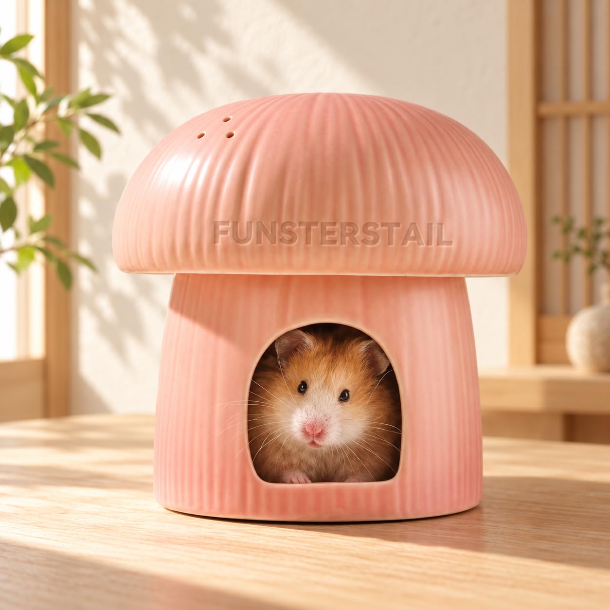 Hamsterhaus aus Keramik 18 cm, Hamsterversteck in Pilzform mit abnehmbarem Dach, Hamsterhöhle mit 3 Lüftungsöffnungen, leicht zu reinigen, Rosa
