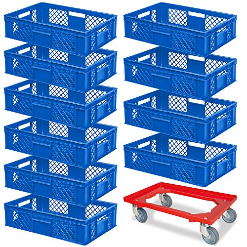 BRB Lot de 10 bacs euro, L x l x H 600 x 400 x 150 mm, qualité industrielle, qualité alimentaire, bleu + 1 chariot de transport, rouge