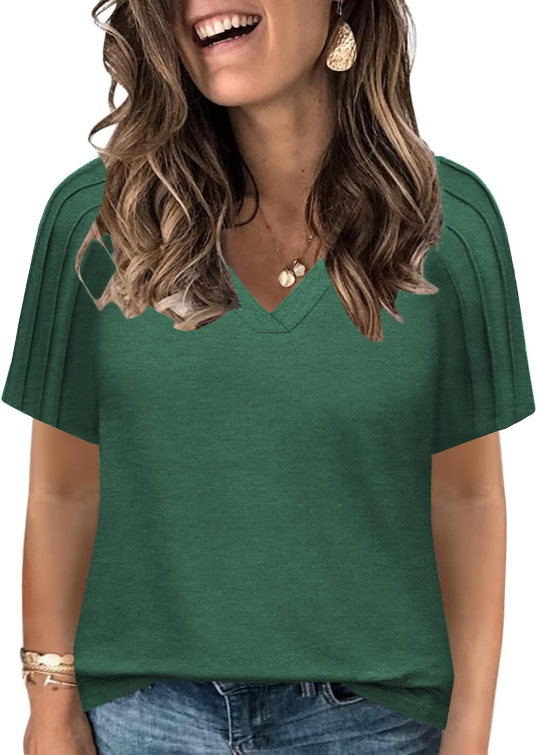 VISLILY Womens-Plus-Size-Summer-Tops Trendy V Neck T Shirts Casual Pleated Short Sleeve Dressy Blouses Tunics Cute Tee XL-5XL
