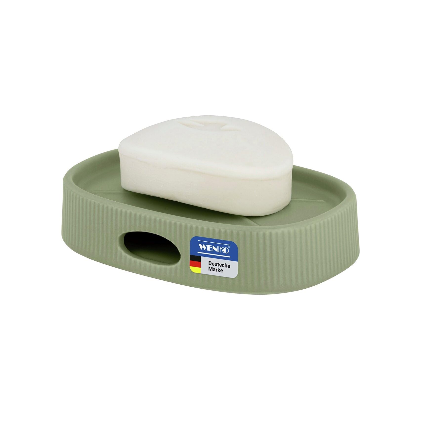 WENKO Fablo Soap Dish Ceramic with Groove Look, Freestanding Soap Holder with Drain Hole, Soap Dish for Bathroom and Guest Toilet, Matte Green