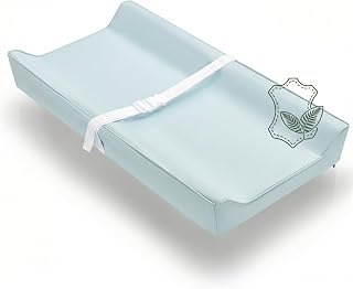 Vegan Leather Contoured Baby Changing Pad | Waterproof & Wipe-Clean PU Leather Diaper Change Mat, Soft, Wipeable Cover, Safety Strap, Non-Slip Bottom, Topper for Standard Infant Diaper Table & Dresser