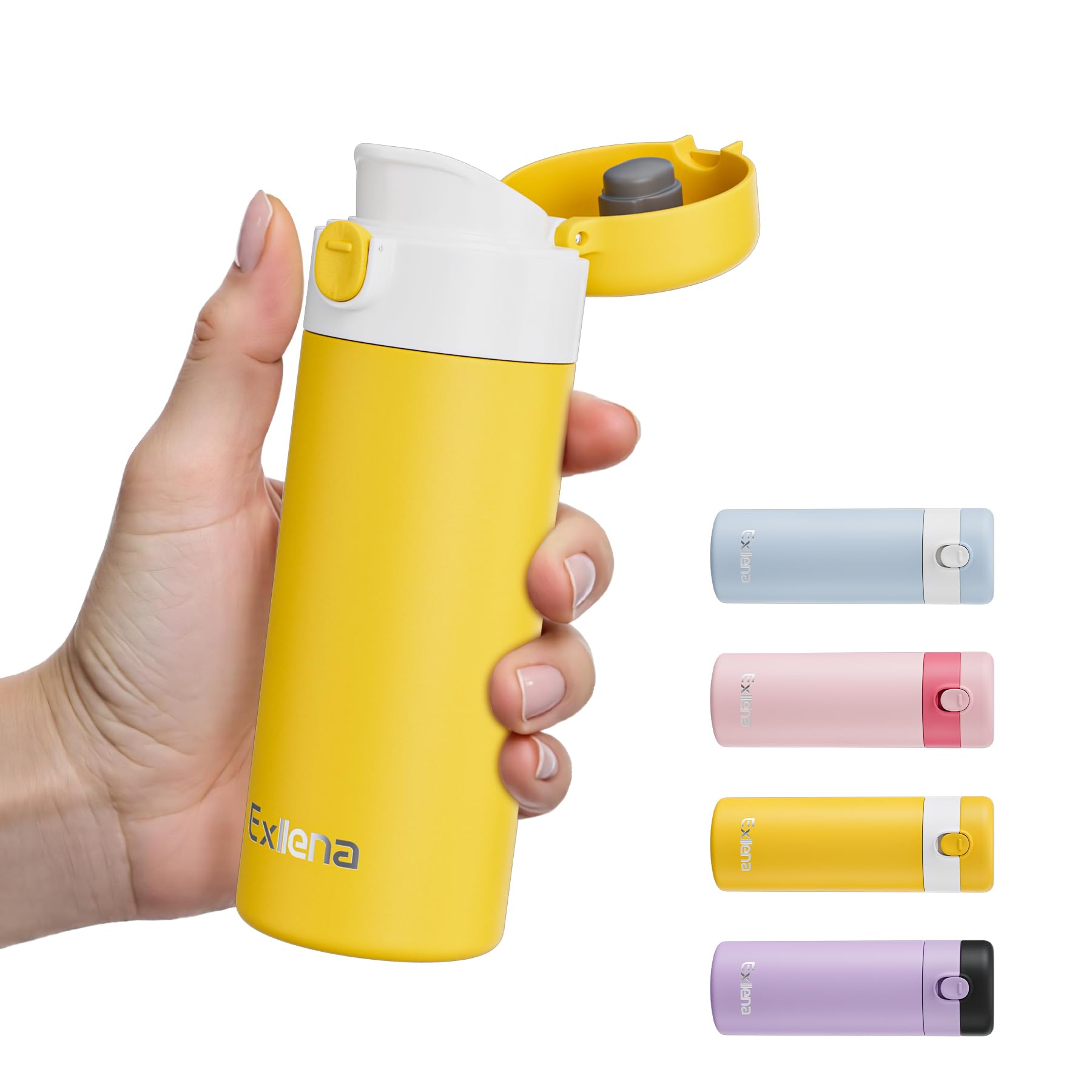 Exllena Small Insulated Water Bottle with Push-Button Lid – 220ml Mini Flask, Leakproof Mini Water Bottle for Coffee, Milk, Travel, School & Office Use(Yellow & White)