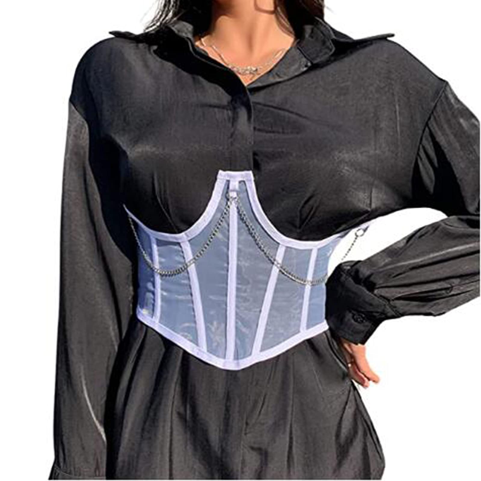 Fashion Women See Through Mesh Lace Up Bustier Corset Metal Chain Boned Body Shaping Ribbon Waist Wrapping Chest Fashion Corset Body Shaper Girdle (white,Small)