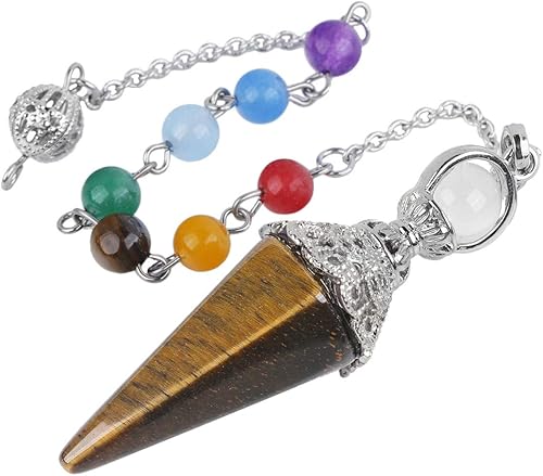 Rockcloud Péndulo puntiagudo de cristal de ojo de tigre natural con cadena de 7 cuentas de piedra de chakra, colgante de chakra Reiki de 6 facetas