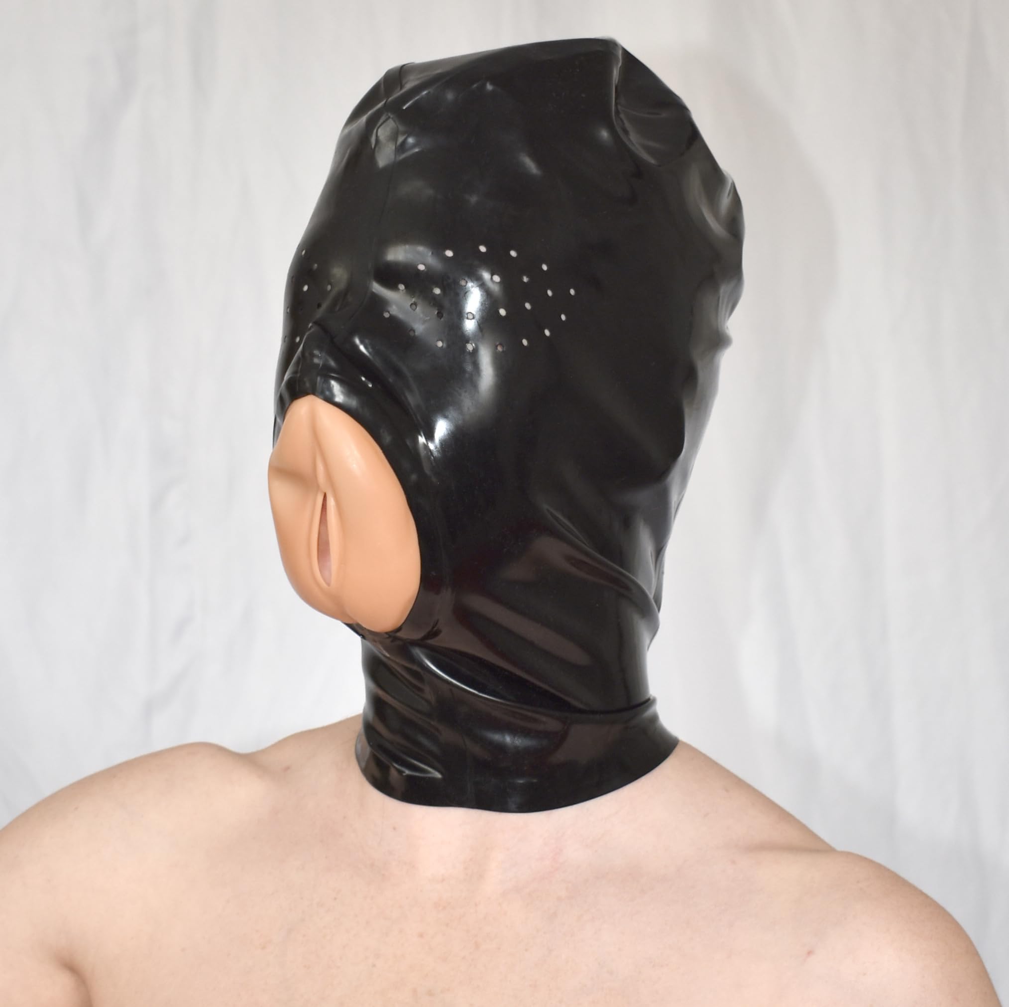Maschera Feticista in Latex con Apertura Vaginale – Cappuccio Bondage BDSM, Bavaglio Sesso Orale, Apertura Respiratoria, Figa Tascabile per Roleplay