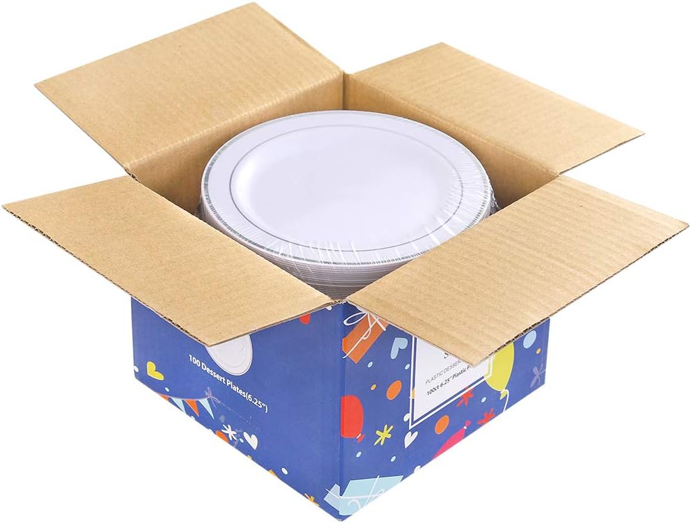 bUCLA 100Pieces Silver Plastic Plates - 6.25inch White with Silver Rim Disposable Salad/Dessert/Appetizer/Small Cake Plates for Weddings, Parties&Gathering - Image 8