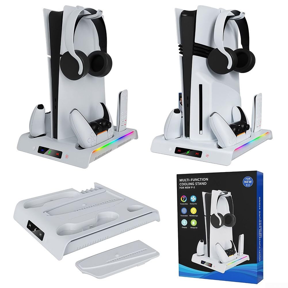 Base di raffreddamento per PS5 Slim, con luci RGB Rack di stoccaggio Doppio Controller Caricabatterie Console di gioco Multi funzionale Pro Ambiente per l'illuminazione Supporto verticale Efficiente