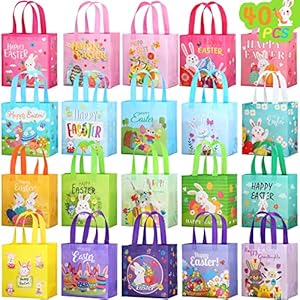 Tudomro 40 Pieces Easter Tote Bags with Handles Bunny Non Woven Bags Reusable Easter Grocery Shopping Bag Kitchen Reusable Grocery Bags