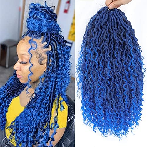6 Packs Boho Goddess Locs Crochet Hair 18 Inch River Locs Goddess Faux Locs Crochet Hair Ombre Blue Wavy Crochet With Curly Hair In Middle And Ends Boho Faux Locs Synthetic Hair Extension (Tblue)