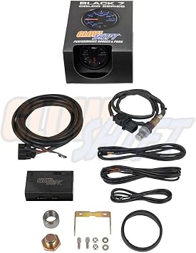 GlowShift Black 7 Color Analog Needle Wideband Air/Fuel Ratio AFR Gauge - Includes Oxygen Sensor, Data Logging Output & Weld-in Bung - Black Dial - Clear Lens - 2-1/16 52mm