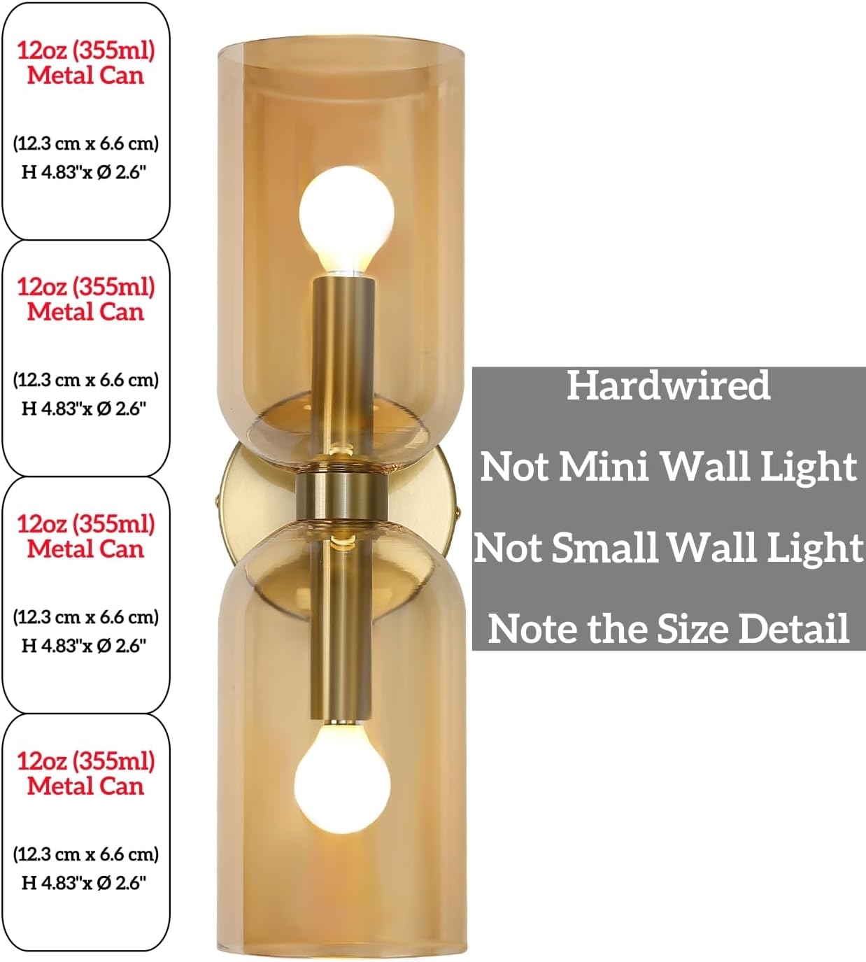 Minimalist 2-Light Gold Wall Sconces with Cylinder Glass Shades- Mid Century Vanity Wall Double Lights Hardwired- Modern Indoor Glass Wall Mounted Art Decor Lights (Amber, 1 Pack)