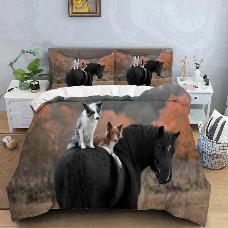 Parure de lit 240x260 cheval brun en microfibre avec 2 taies d'oreiller