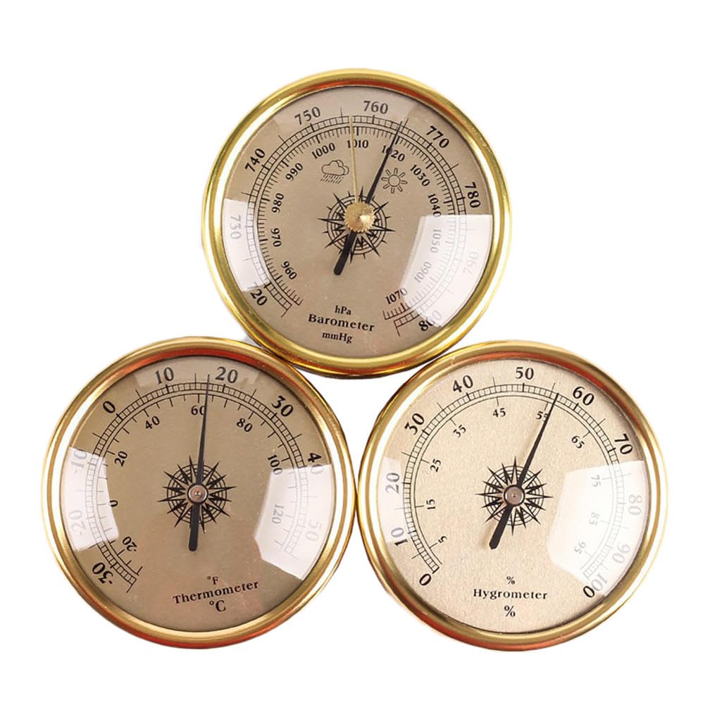 Barometer,Room Thermometer Indoor,Outdoor Thermometer,72mm Mechanical Movement Thermometer, Hygrometer, Barometer Set Fishing Barometer for Indoor, Outdoor, and Other Environments, gold