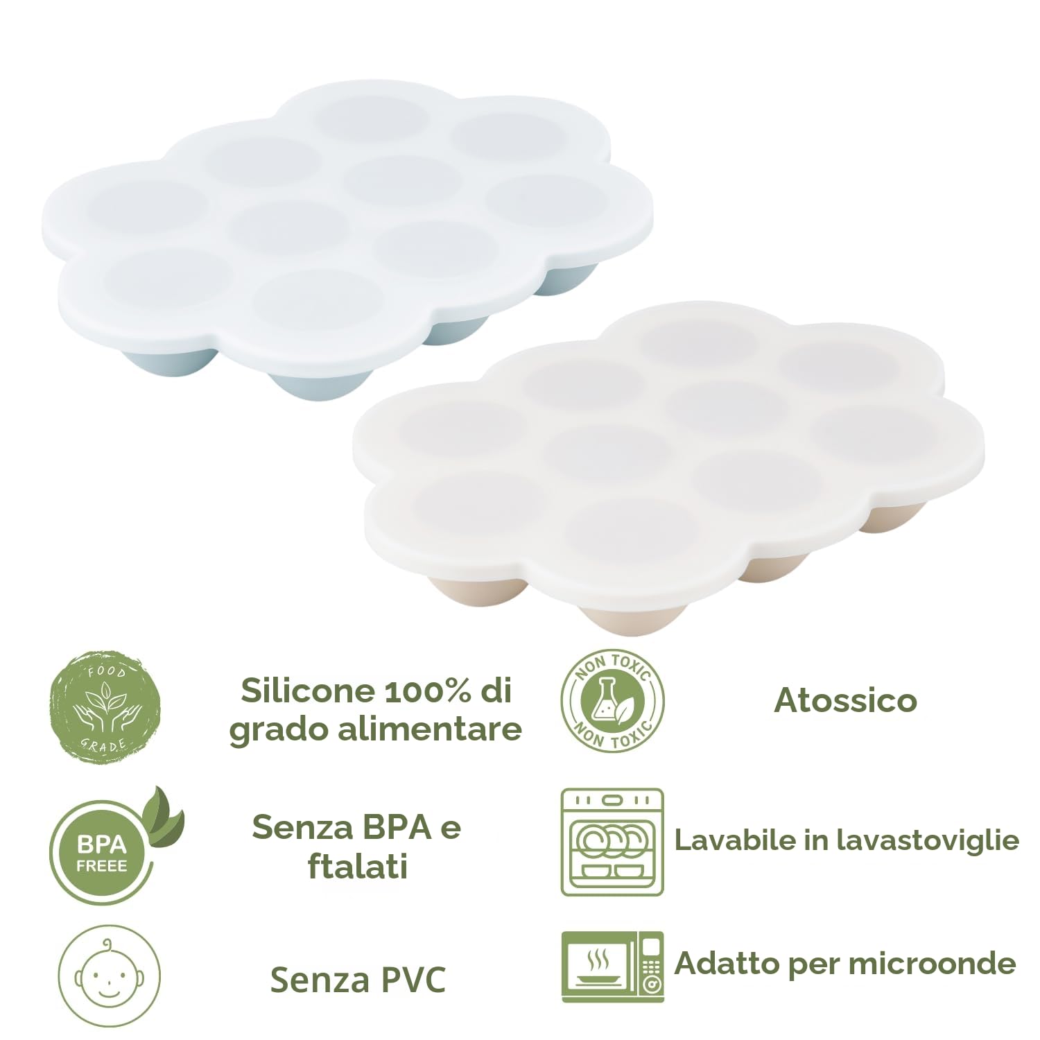 PandaEar Set di 2 Vaschette per Congelare Alimenti per Bambini in Silicone con Coperchi - Blu/Marrone