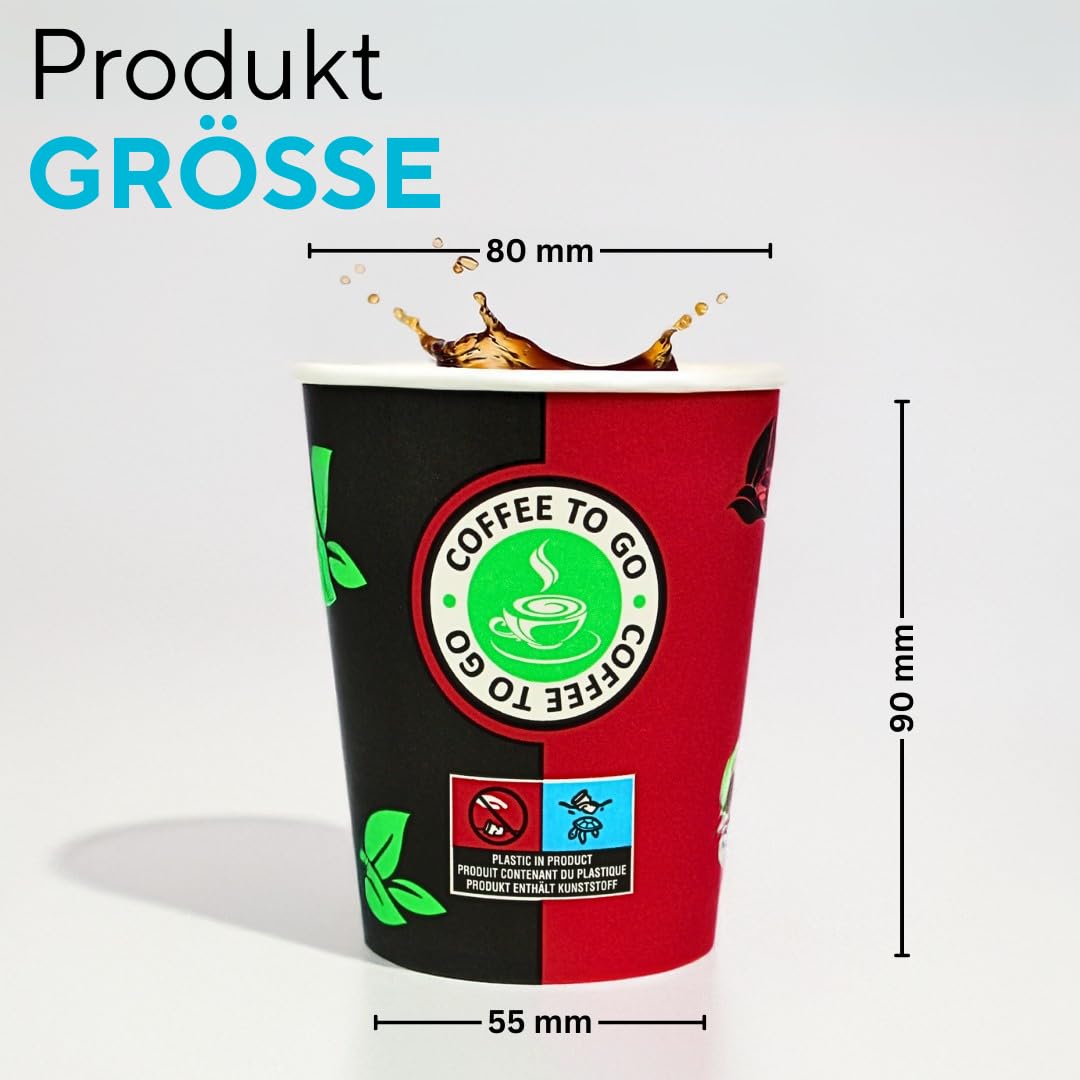 Enpack 1000 Schwarz/Rote Pappbecher 200 ml aus Kraftpapier - Kaffeebecher to go zum servieren von Tee, Kaffee, Glühwein oder anderen Getränken - Coffee To Go Becher