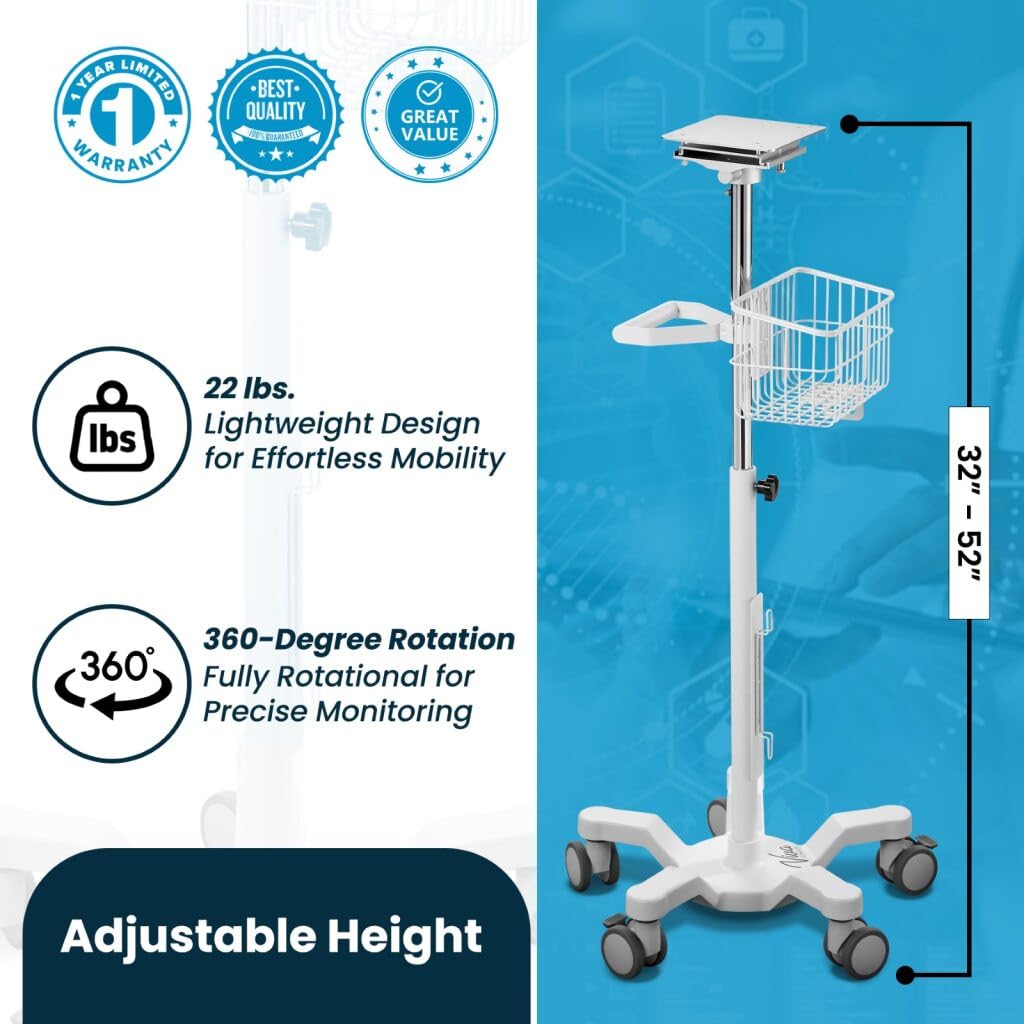 Rolling Stand for Edan Elite V Series Vital Signs Monitor, (Monitor NOT Included), Blood Pressure Cuff Basket, Adjustable Pole, and Cord Organizer