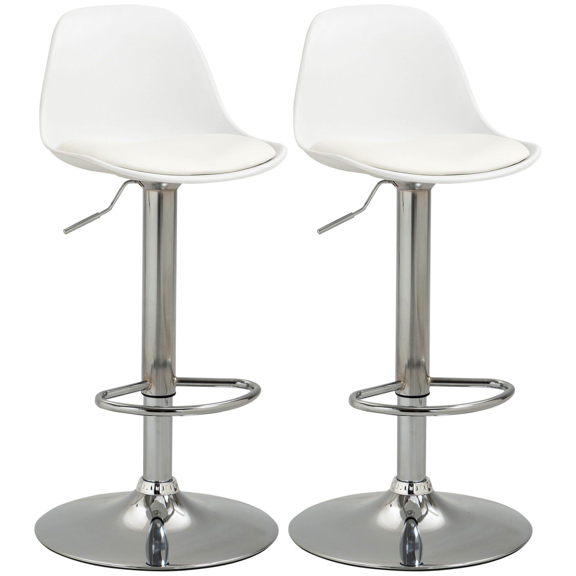 HOMCOM Set 2 Sgabelli Bar con Altezza Regolabile con Schienale Bianco | Sedie Bar Alte in PU, con Schienale, Poggiapiedi e Seduta Morbida, Struttura in Acciaio, Girevoli a 360°, per Penisola