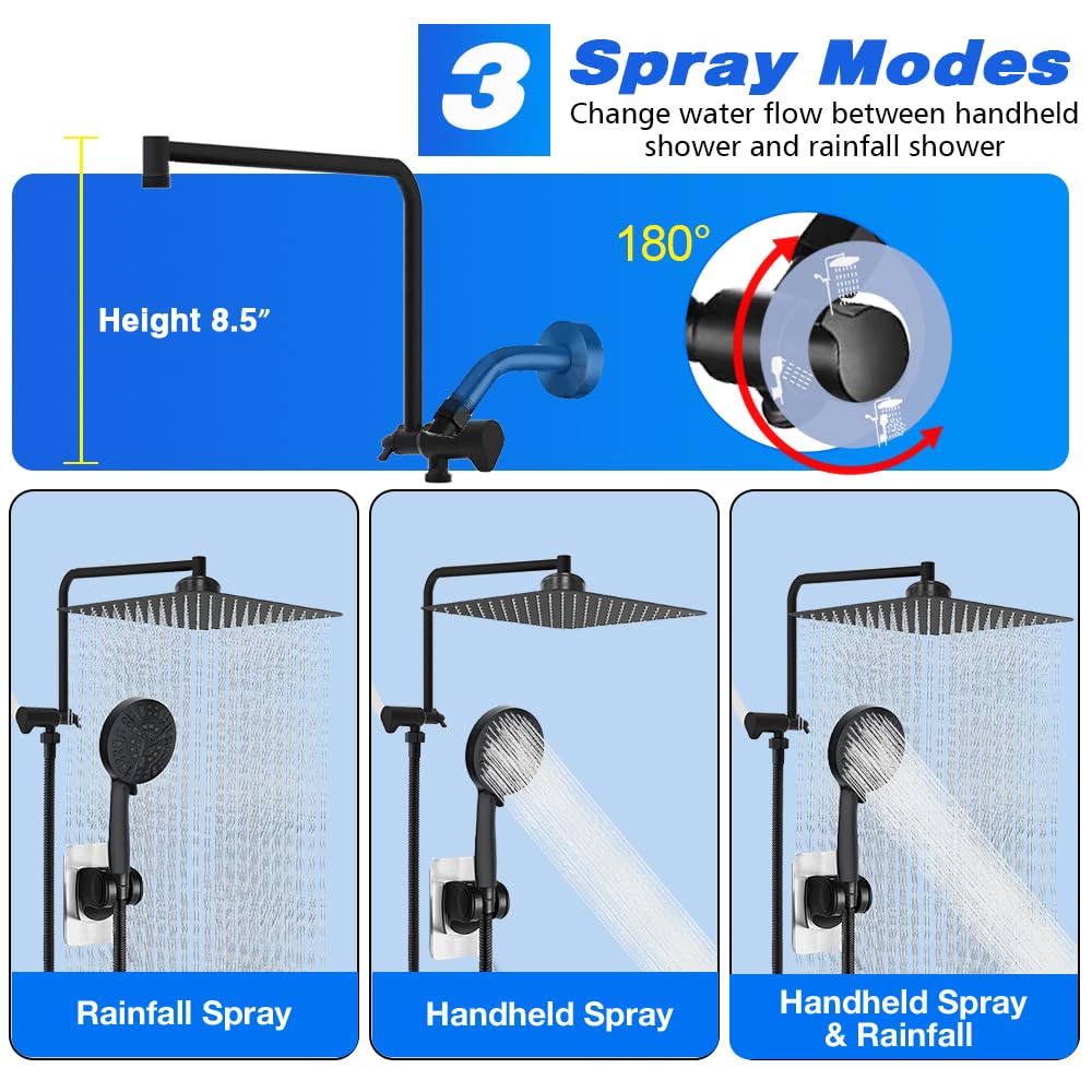 Soffione doccia nero da 30,5 cm con doppio filtro portatile per doccia a pioggia con 10 impostazioni palmare integrato, 2 Power Wash con braccio di estensione da 30,5 cm, tubo da 200,7 cm e cartucce