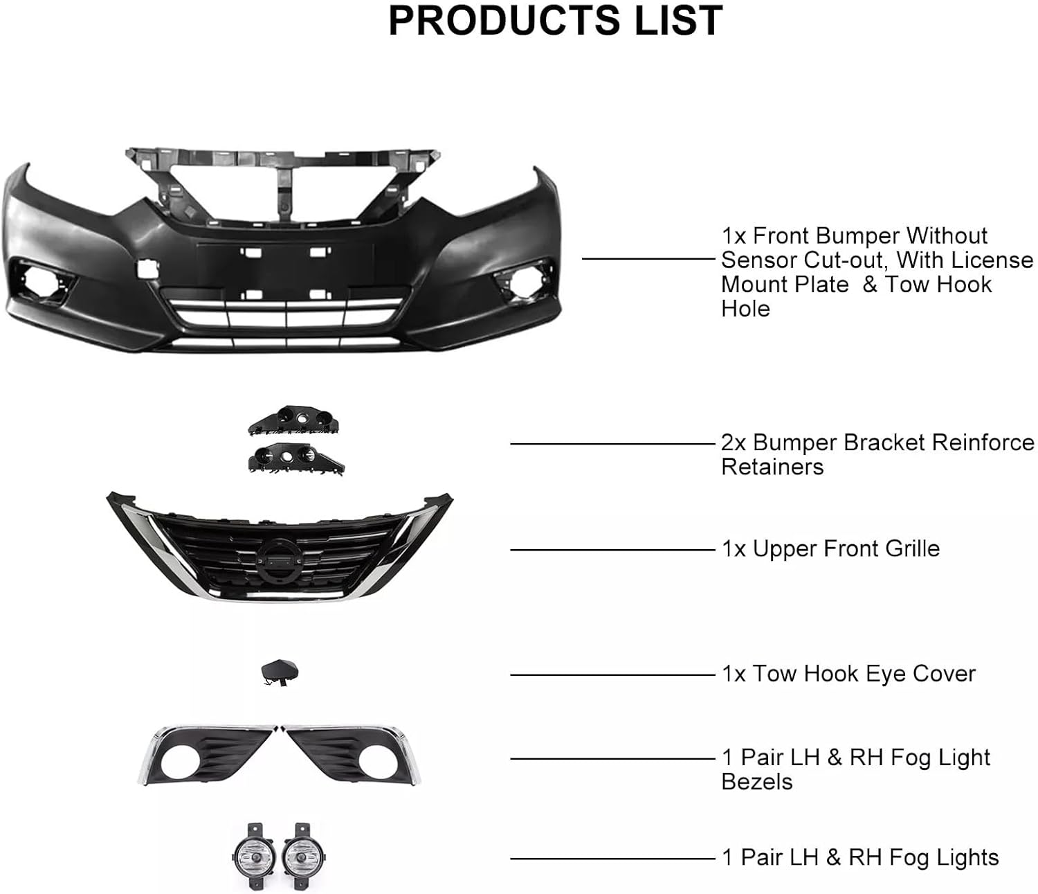 Front Bumper Cover Set W/Grille & Fog Lights Replacement for 2016 2017 2018 Nissan Altima SL,SR,Base,SV Sedan 4-Door -Body Kit