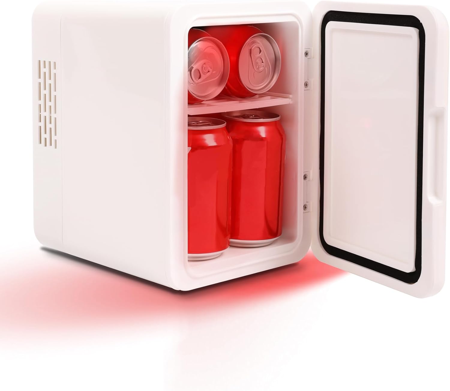 Interior view of the mini fridge with skincare products