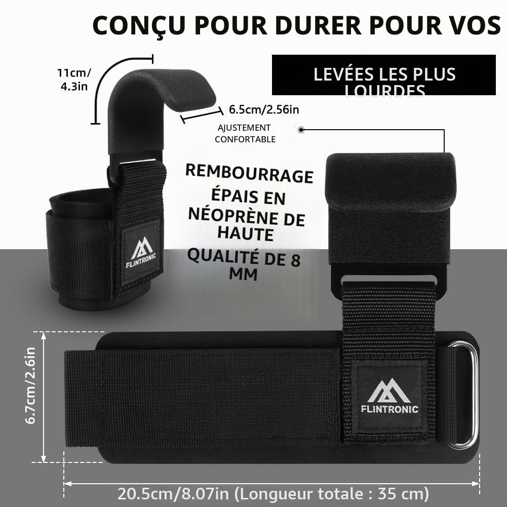 Flintronic Crochets d'haltérophilie, 8 cm de Néoprène Rembourré Bandage Poignet, Crochet Musculation pour Hommes et Femmes, pour Powerlifting, Levage et Tirage de Barre, Crossfit, Rows et Deadlift