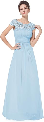 Miniatura 4 de Ever-Pretty - Vestido de noche formal y fruncido para mujer, de gasa, con cuello redondo, detalle de encaje y mangas casquillo, 09993-US